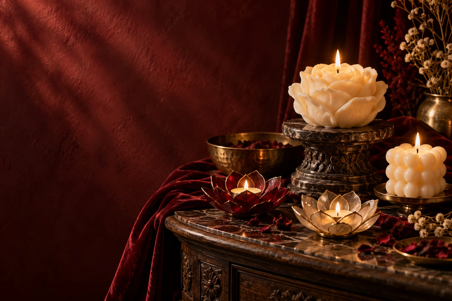 Royal editorial still life of ivory candles and jewel-toned holders with garnet velvet and dark marble